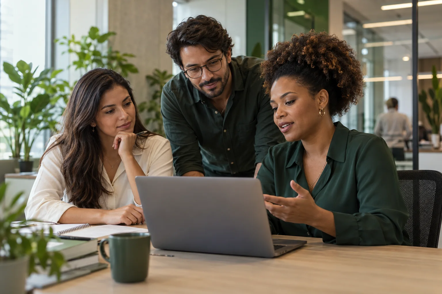 Equipe reunida para conversar e planejar o trabalho em um escritório